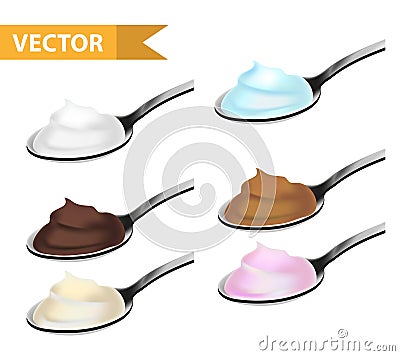 Realistic teaspoon with cream, yogurt, chocolate, caramel set. 3d tablespoon or spoon dessert collection. Isolated on Vector Illustration