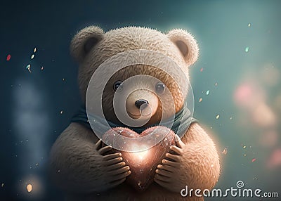 Realistic Teddy bear holding a heart for Love and Valentines concept, Generative AI Stock Photo