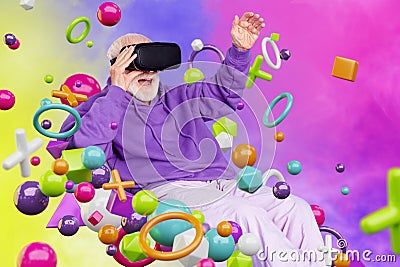 Realistic template collage of aged grandfather modern play virtual simulation game enjoy metaverse with plus bubble Stock Photo