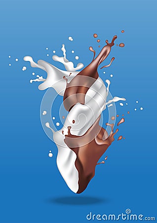 Realistic template for milk chocolate packaging. Milk cacao isolated splash swirl mix. Milk drops. Vector Illustration