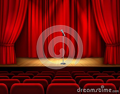 Realistic Theater Stage With Microphone Vector Illustration