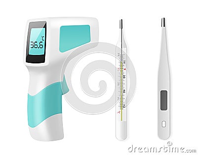 Realistic thermometers. Different types medical devices, measuring human body temperature, mercury, electronic and non-contact. Vector Illustration