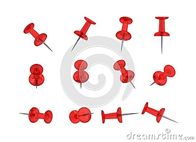 12 Realistic Thumbtacks - RED Set (Translucent Plastic) Stock Photo