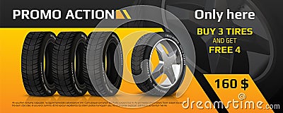 Realistic tire banner. Car wheel repair and auto rubber advertising flyer, automobile information brochure with tyre Vector Illustration