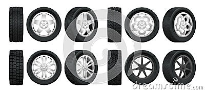 Realistic tires. 3d auto tyres and alloy rims, car wheels with different tread patterns from side and front views, auto Vector Illustration