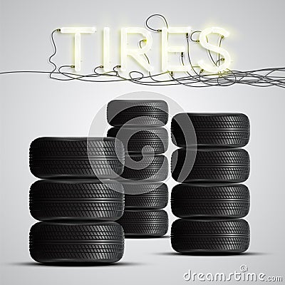 Realistic tires with neon sign, vector Vector Illustration