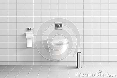 Realistic toilet. Bathroom ceramic tile, wc room wall, small seat, hung bowl, clean flush, 3d white paper, home or Vector Illustration