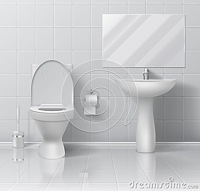 Realistic toilet. Modern 3D bathroom interior with white ceramic wall floor sink toilet bowl paper and brush. Vector Vector Illustration