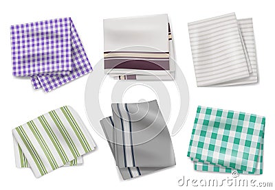 Realistic towels. Kitchen textile napkins templates colored cleaning items decent vector pictures set Vector Illustration