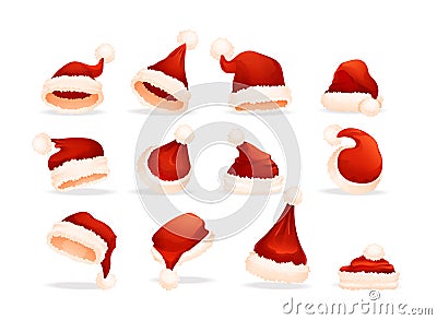 Realistic traditional Santa Claus red hats big set Vector Illustration