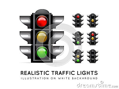 Realistic traffic light on a white background, in various color variations. Stoplight vector Vector Illustration