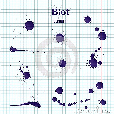 Realistic transparent blue inkblots on scool paper sheet. Vector design elements. Vector Illustration