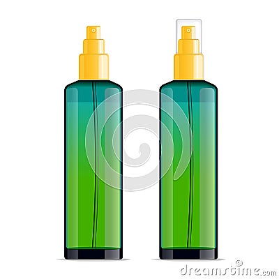 Realistic transparent cosmetic bottle sprayer container. Green gradient dispenser with yellow cap for cream, perfume, and other co Cartoon Illustration