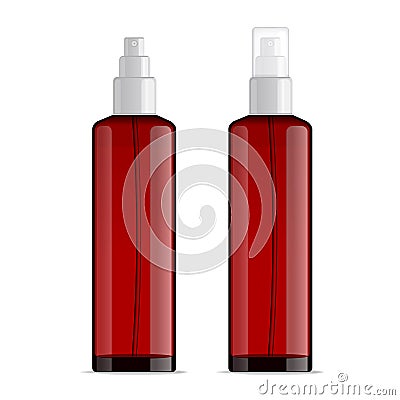 Realistic transparent cosmetic bottle sprayer container. Red dispenser with cap for cream, perfume, and other cosmetics Vector Illustration