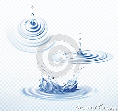 Realistic Transparent Drop and Circle Ripples set on isolated background. Vector illustration Vector Illustration