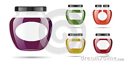 Realistic transparent glass jar with jam, confiture or sauce. Preserving packaging set. Label and logo for jam. Mock up Vector Illustration