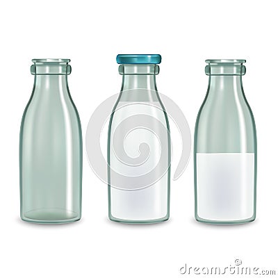 Realistic Transparent Glass Milk Bottle Set. Vector Vector Illustration