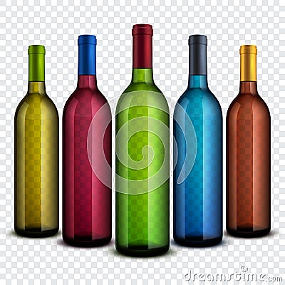 Realistic transparent glass wine bottles isolated on checkered background vector set Vector Illustration