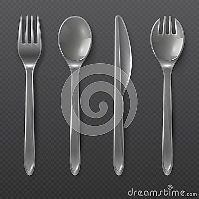 Realistic transparent plastic cutlery. Spoon, fork and knife . Disposable tableware vector set Vector Illustration