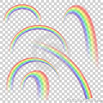 Realistic transparent rainbow set in different shapes. Vector background. Vector Illustration