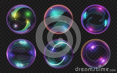 Realistic transparent soap bubbles with shiny abstract reflections. Magic glass balls glossy effect. Water colorful foam Vector Illustration