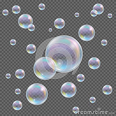 Realistic transparent vector soap bubbles with rainbow reflection and glares on checkered background Vector Illustration