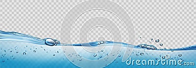 Realistic transparent Water waves with air bubbles and sunbeams on transparent background. Vector Illustration