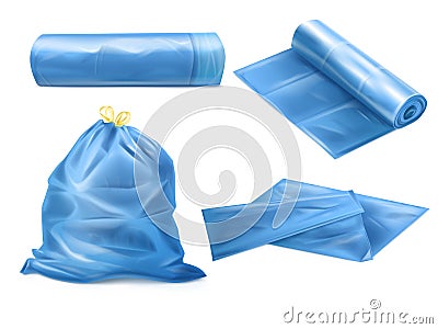 Realistic trash bag. 3D garbage sack for dustbin, mockup plastic waste sacks kitchen refuse bagging polyethylene rolls Vector Illustration