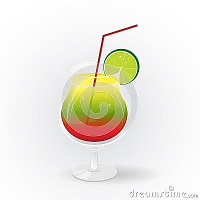 Realistic tropical cocktail in glass Vector Illustration