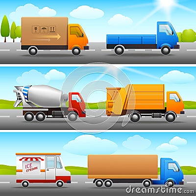 Realistic truck icons on road Vector Illustration
