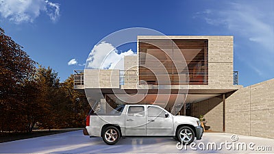 Realistic Truck Mockup On The House Garage Perspective View Stock Photo