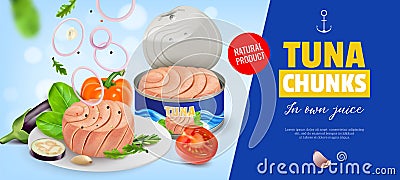 Realistic Tuna Canned Horizontal Poster Vector Illustration