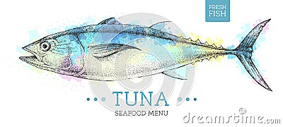 Realistic Tuna fish on artistic watercolor background. Seafood menu design Vector Illustration