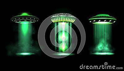 Realistic UFO, alien spaceship. Green glowing light beam, space futuristic Sci-fi technology, fantasy abduction, glow Vector Illustration