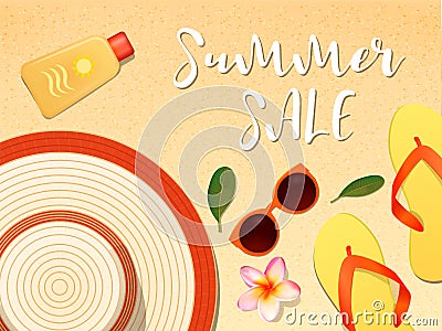 realistic ummer vector background with a set of beach icons for banners, cards, flyers, social media wallpapers, etc. Vector Illustration