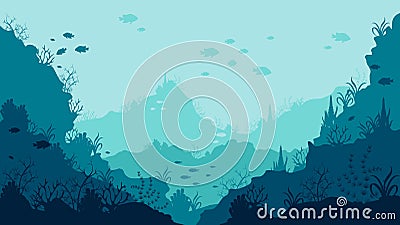 Realistic underwater background bottom of the ocean with swimming fish and corals Vector Illustration