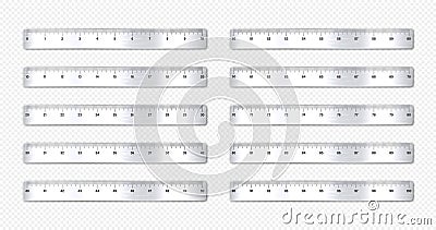 Realistic various brushed metal rulers with measurement scale and divisions, measure marks. School ruler, inch scale for Vector Illustration