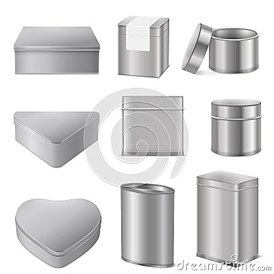 Realistic tin boxes packaging Set Vector Illustration