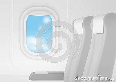 Realistic vector airplane transport Interior. Aircraft inside seats chairs near window. Business class travel concept. Vector Illustration