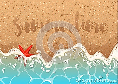 Realistic vector frame of azure foamy wave , starfish and shells.Realistic vector background of a sandy beach with azure foamy wa Vector Illustration