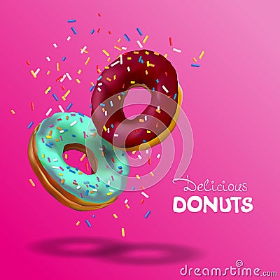 Realistic vector banner for cafe and confectionery. Two tasty chocolate and azure donuts, sprinkles falling from top in 3d Cartoon Illustration