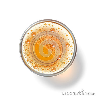 Realistic vector beer in glass top view, foamy light beer Vector Illustration