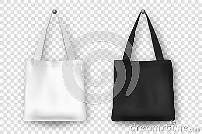 Realistic vector black and white empty textile tote bag icon set. Closeup on white background. Design templates Vector Illustration