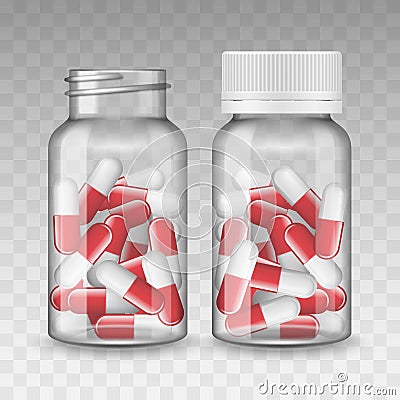 Realistic vector Blank Medicine opened and closed medical plastic bottle with red tablets pills, tablets, drug of Vector Illustration