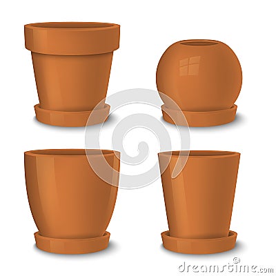 Realistic vector brown empty flower pot with plate set. Closeup isolated on white background. Design template for Vector Illustration