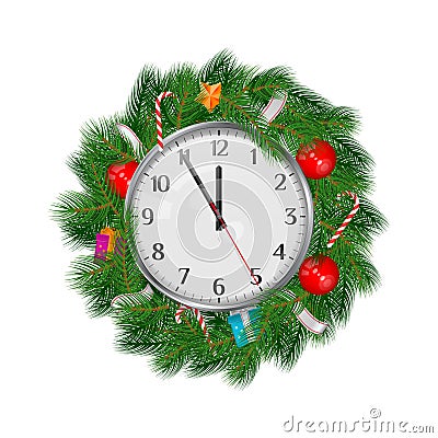 Realistic Vector Christmas Wreath with Clock Showing 5 Minutes to Twelve. Christmas, New Year Design Elements Isolated Vector Illustration