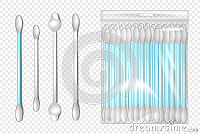 Realistic collection different forms of cotton buds. Cotton swab on stick. Tool for cleaning wax and personal care of Vector Illustration