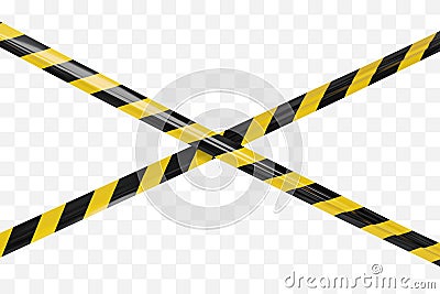 Realistic vector crime tapes with black and yellow stripes. Crossed warning ribbon. Vector Illustration