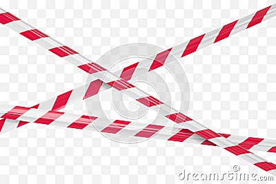 Realistic vector crime tapes with white and red stripes. Crossed warning ribbon. Vector Illustration