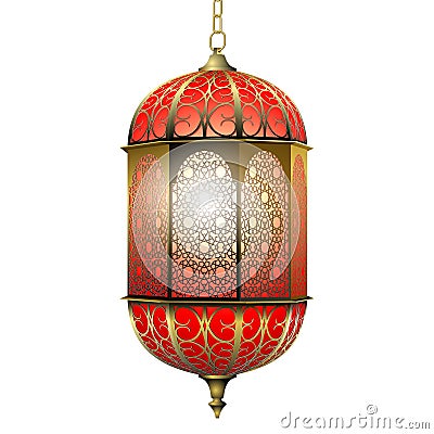 Realistic vector 3D traditional burning arabic hanging golden lantern with oriental ornament on chain isolated on white background Vector Illustration